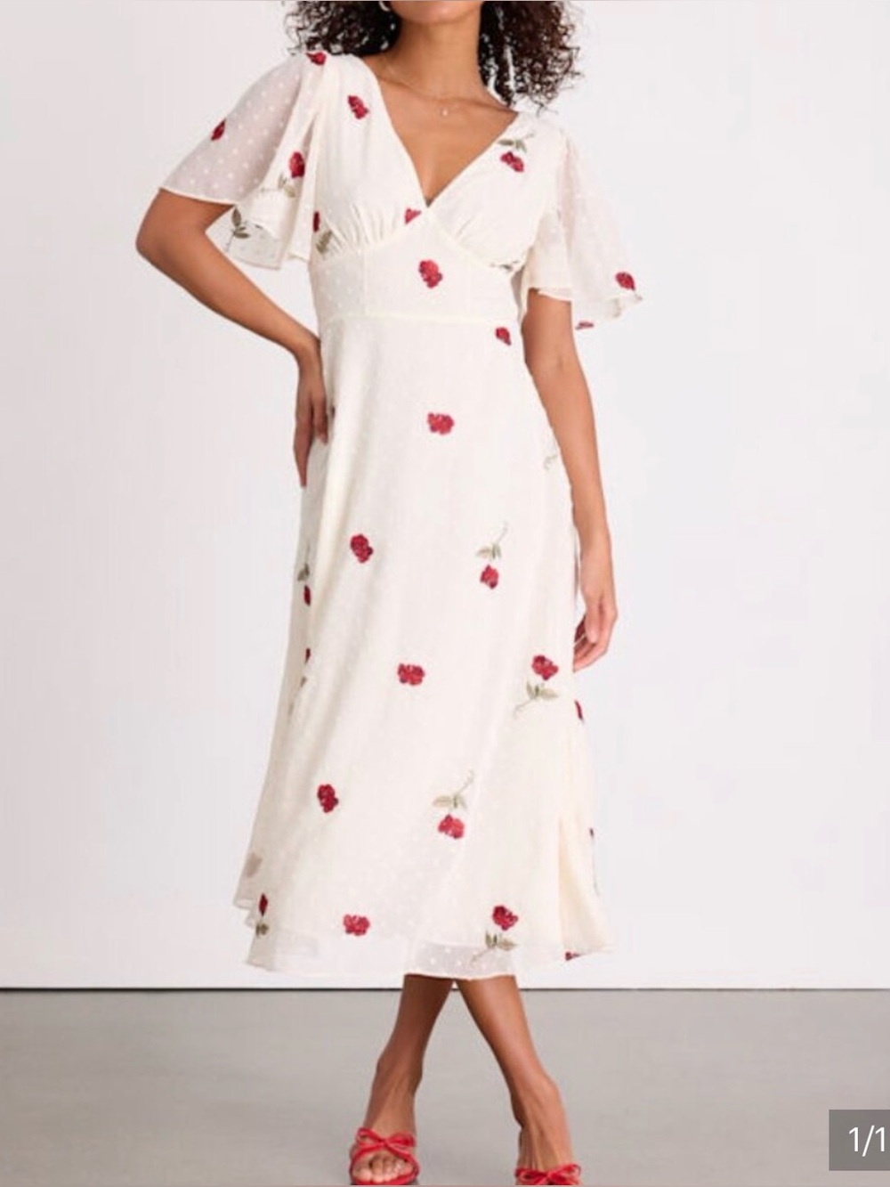 Lulu's Ivory Midi Dress with Red Floral Embroidery